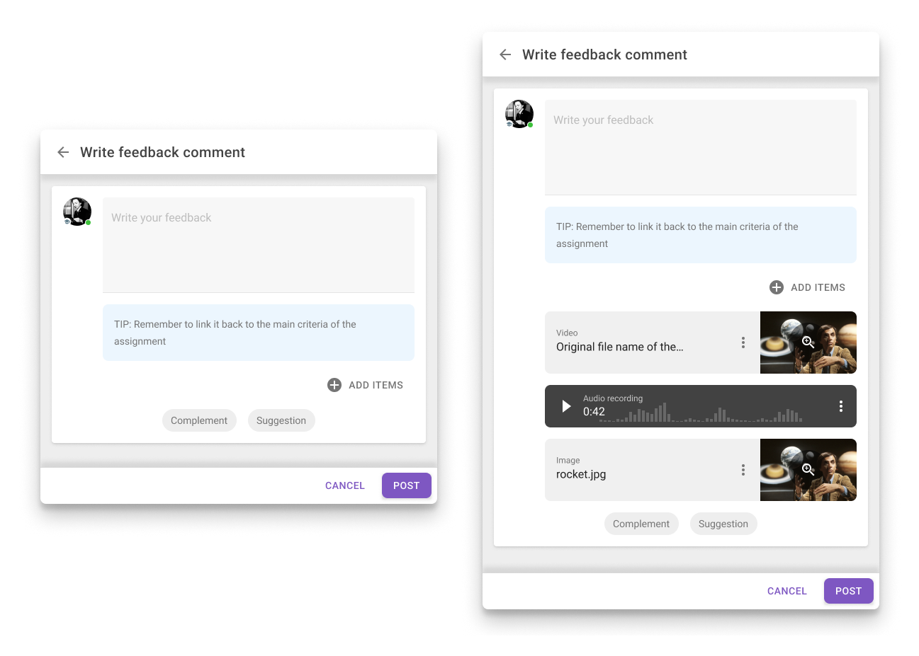 Fig. 4: When adding an attachment in a comment (’Add item’) you can add an accessible alternative by clicking on the three dots next to the uploaded file.