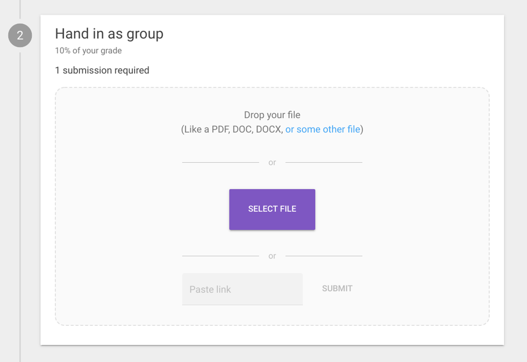 Image showing the hand in screen - in a group assignment, there is a singular file to be handed in as a group. The image shows a dropbox to drop your file into, a button to select a file from your PC, and a field to paste a link into.