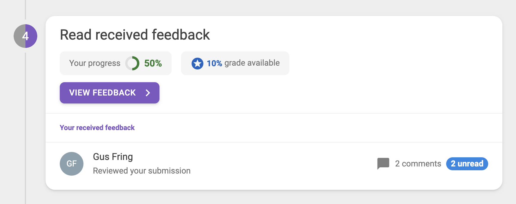 Image showing the option to read received feedback - the submission made by the viewer is available. It shows there is feedback from 1 reviewer ready for viewing with 2 unread comments.