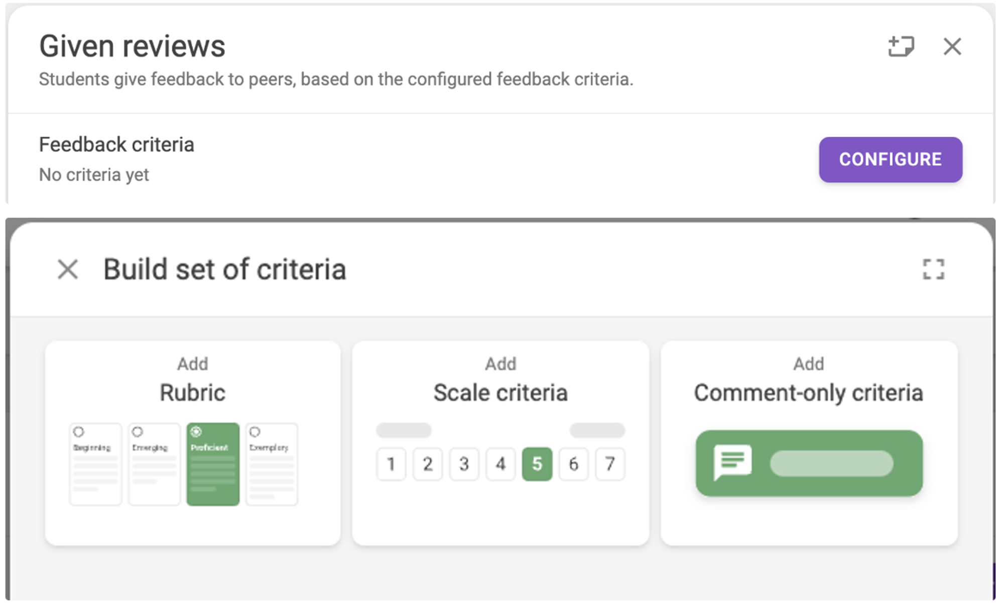 Fig 2. Configure rubric or scale criteria in the ‘Given reviews’ step