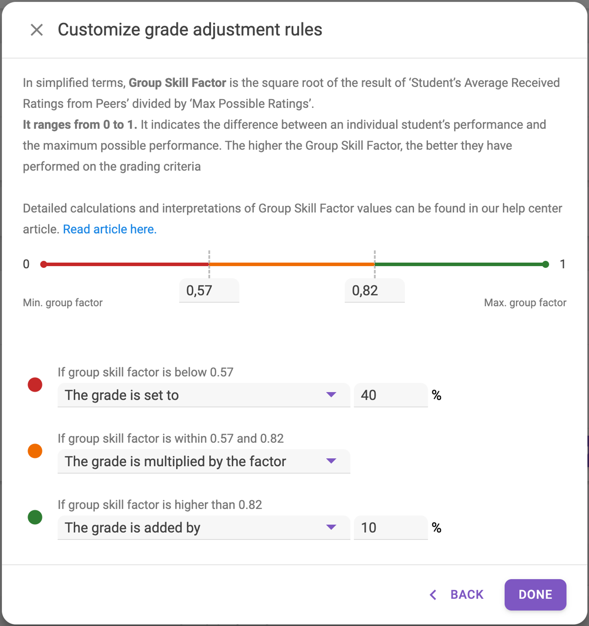 Fig. 20: Dialog with customizable grade adjustment rules. The settings in this figure have been customized according to the above.