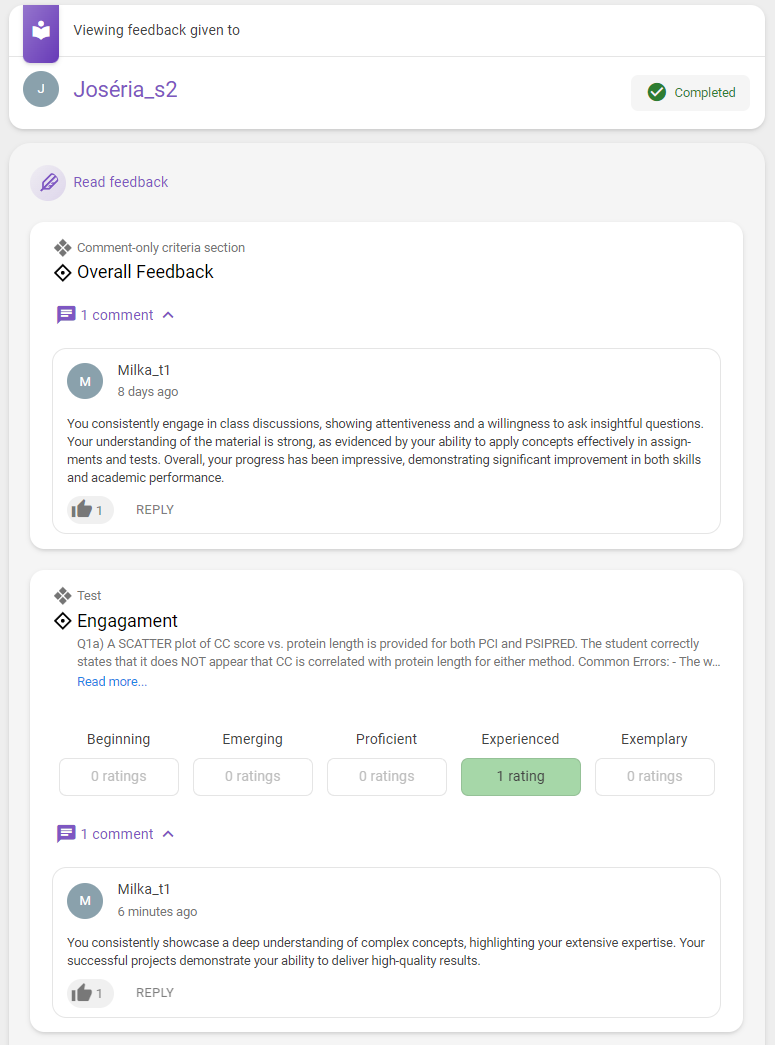 Screenshot showing the received feedback within step 3