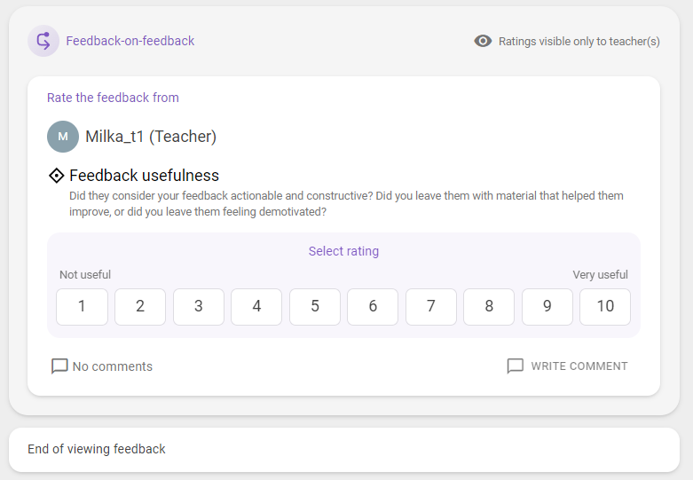 Screenshot showing the optional feedback-on-feedback step in the received reviews page
