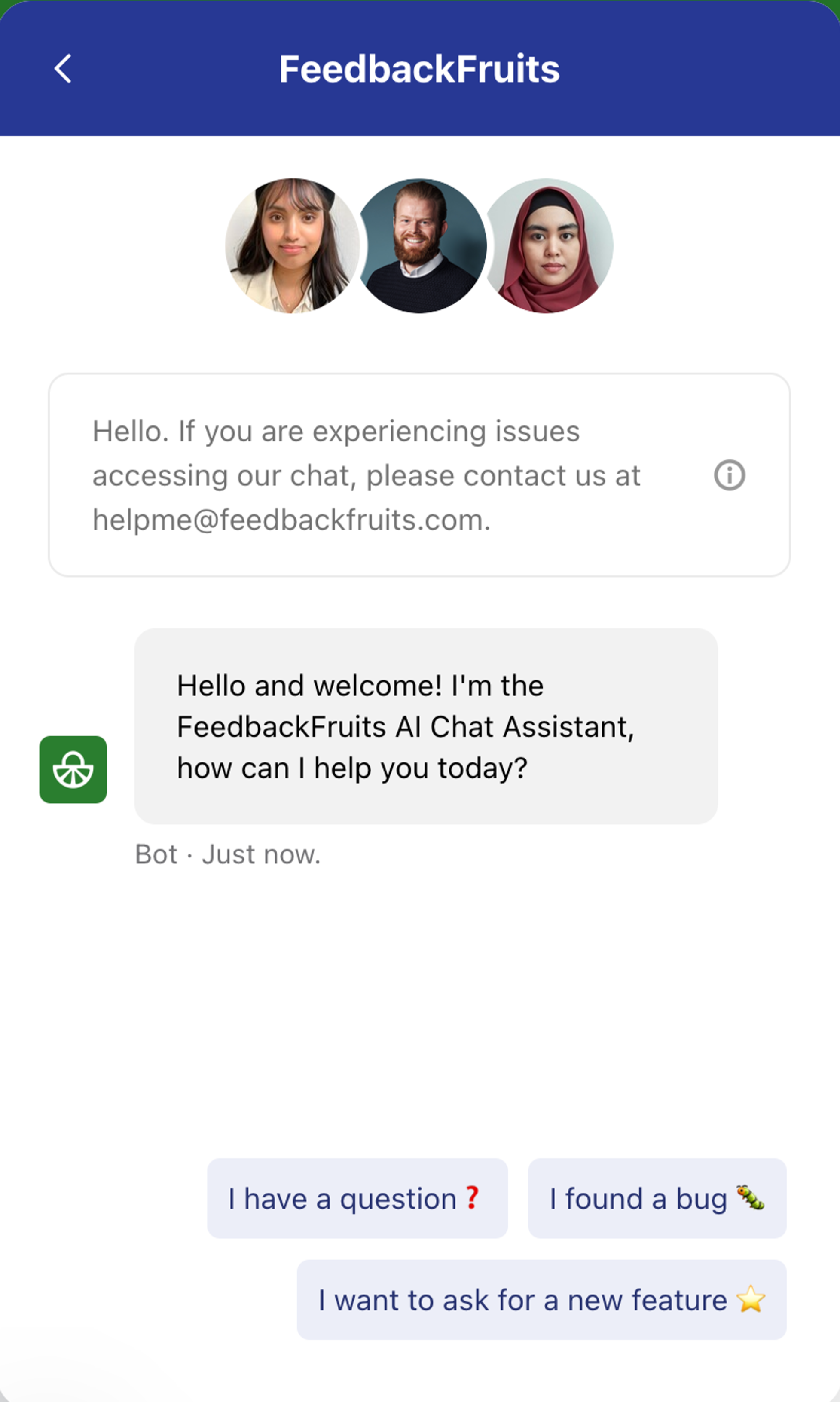New chat landing page showing our 3 triage options - I have a question, I found a bug, or I want to request a new feature.