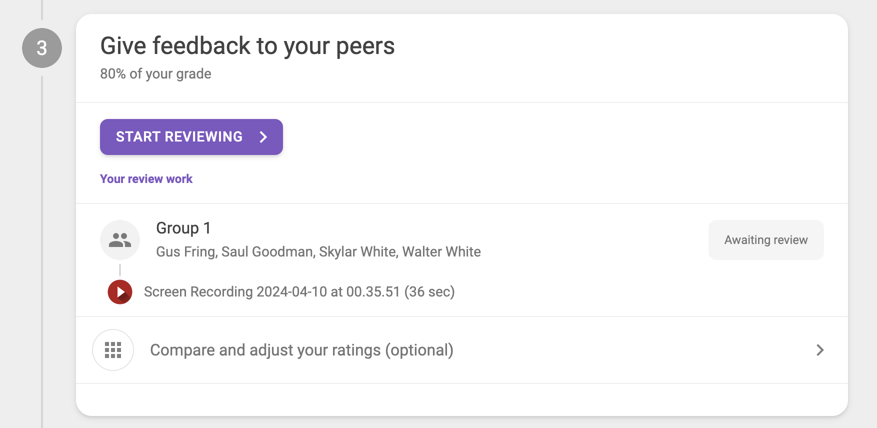 Image indicating that the deliverable has been submitted, and the 'Start Reviewing' button is now active, signaling your next action step.