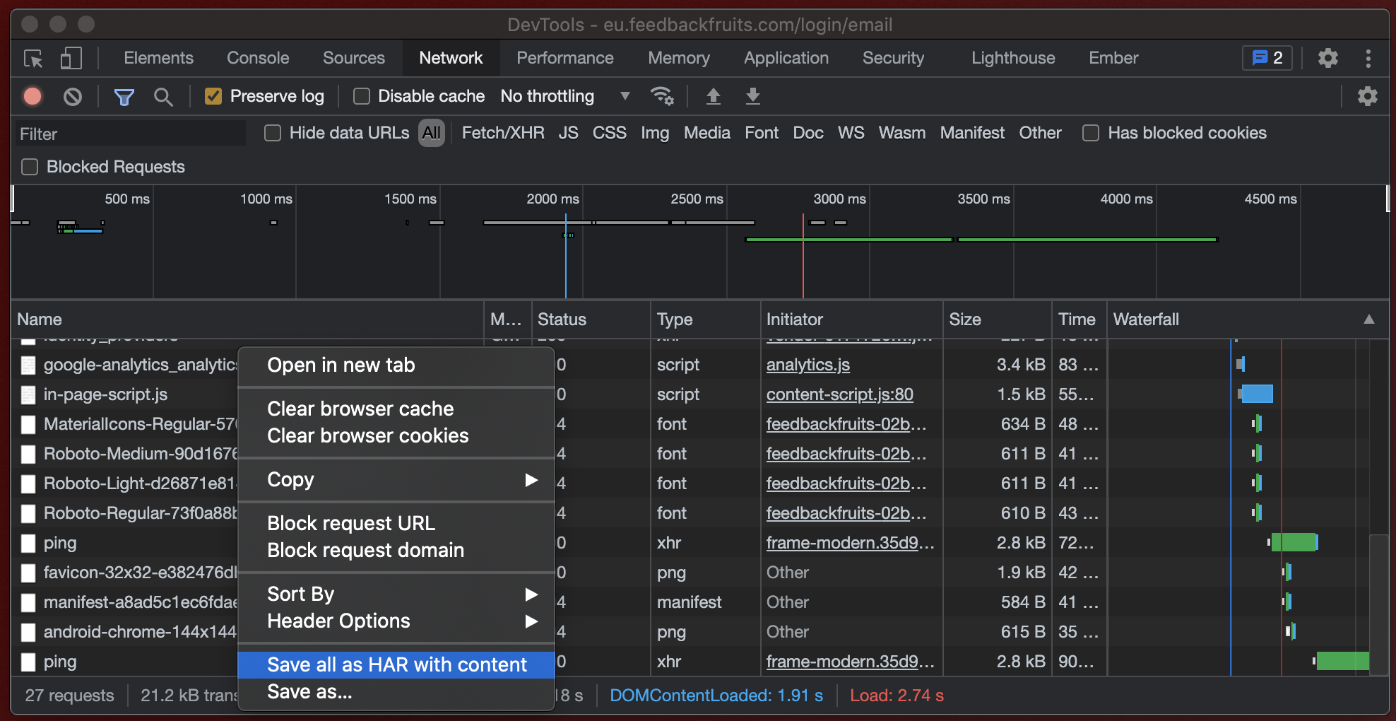 Showing how to record a HAR file in Google Chrome