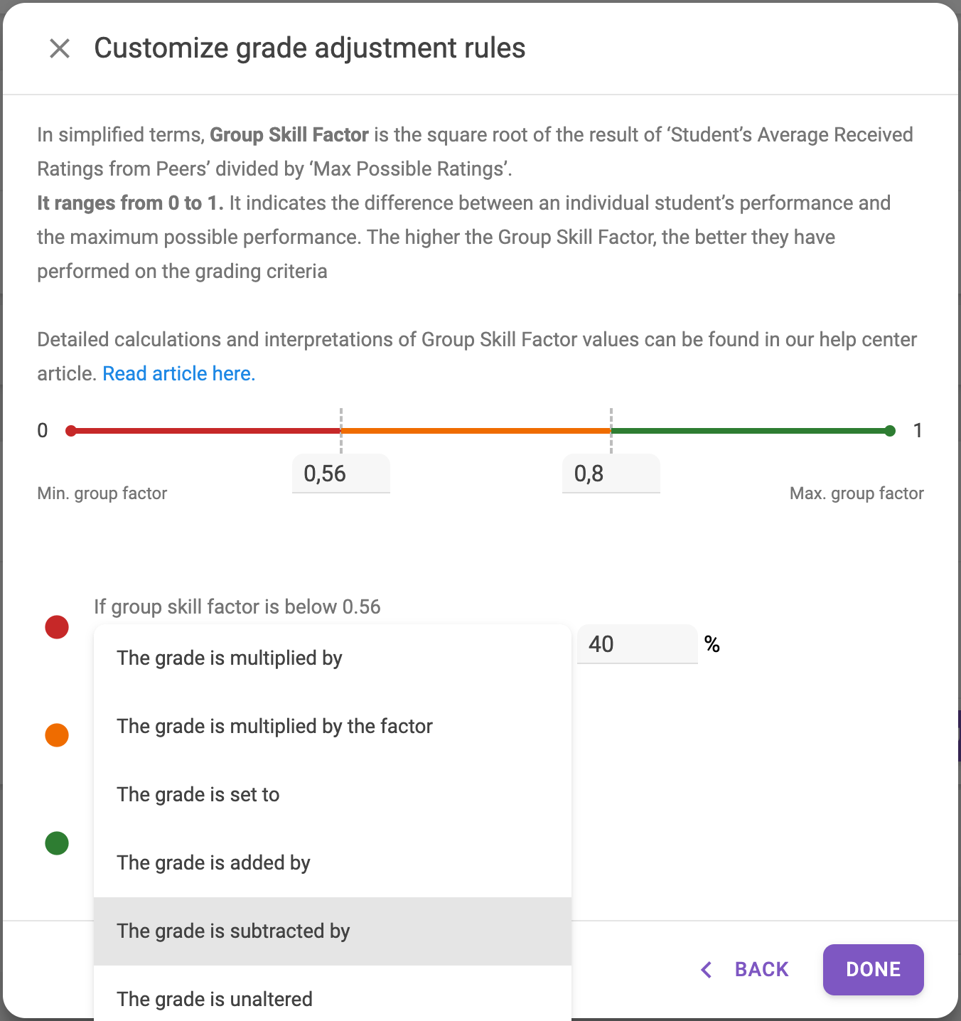 Fig. 7: Customizable grade adjustment rules, with the dropdown menu showing all possible grade adjustments.