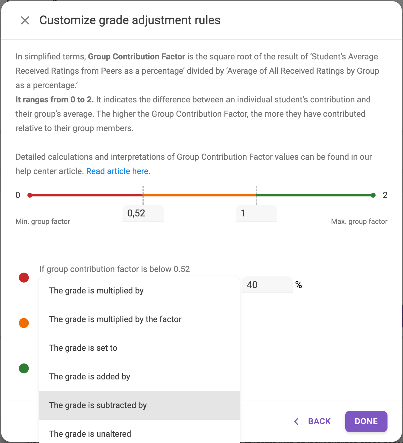  Customizable grade adjustment rules in Group Contribution Factor with all possible adjustment options shown
