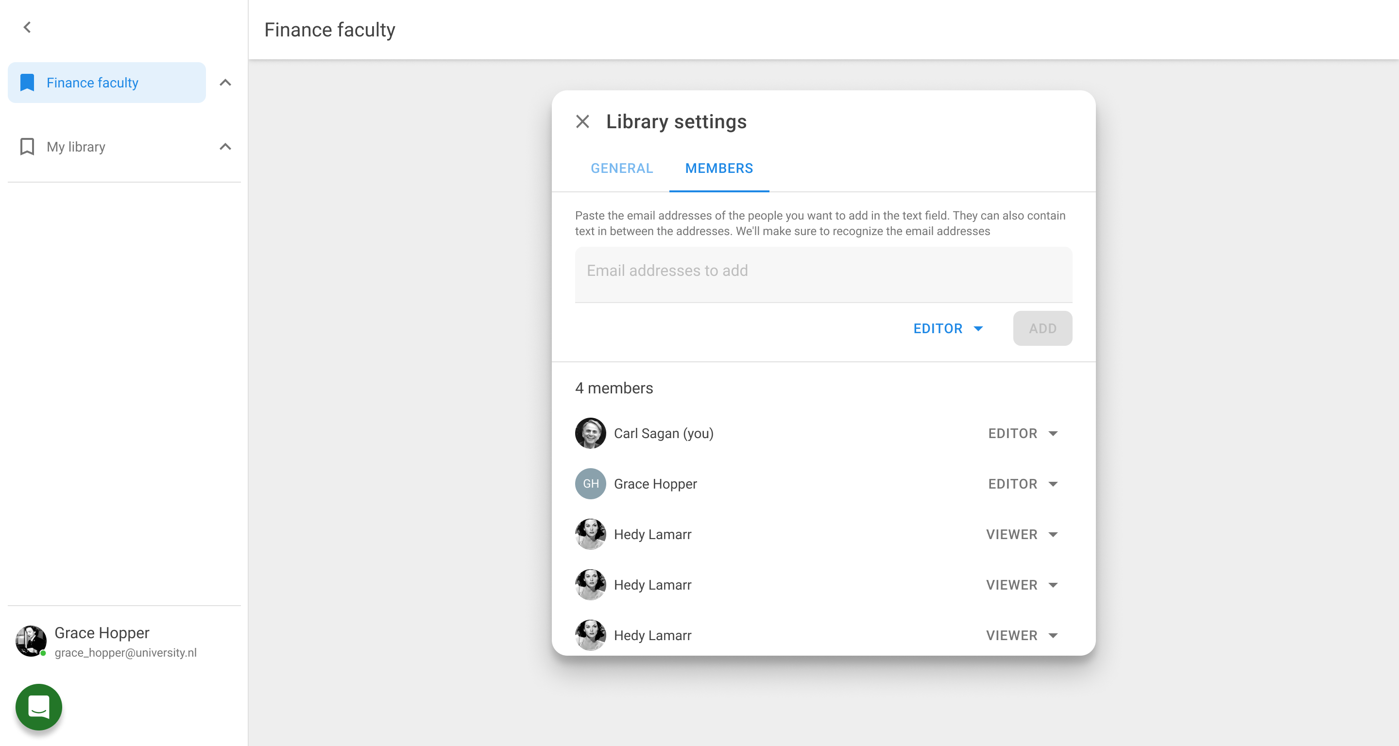 New library settings screen showing the editor/viewer role options