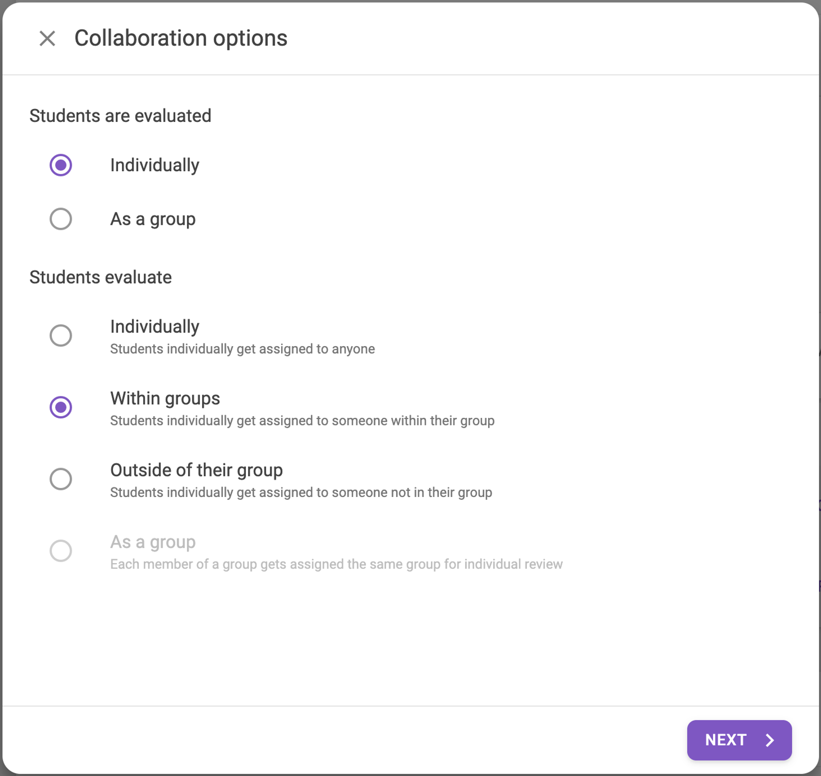 Fig 1. Configuring ‘Student collaboration’ options in the ‘Instructions’ step for enabling Group Contribution Grading