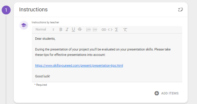 Screenshot showing the Instructions module when editing the activity