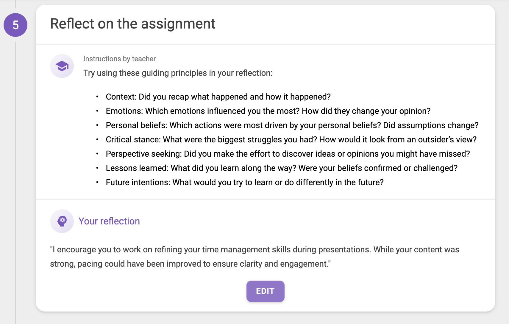 Image showing a student’s given reflection on the assignment based on their teacher’s prompt - as this is submitted before the deadline, there is an edit button at the bottom of the reflection.