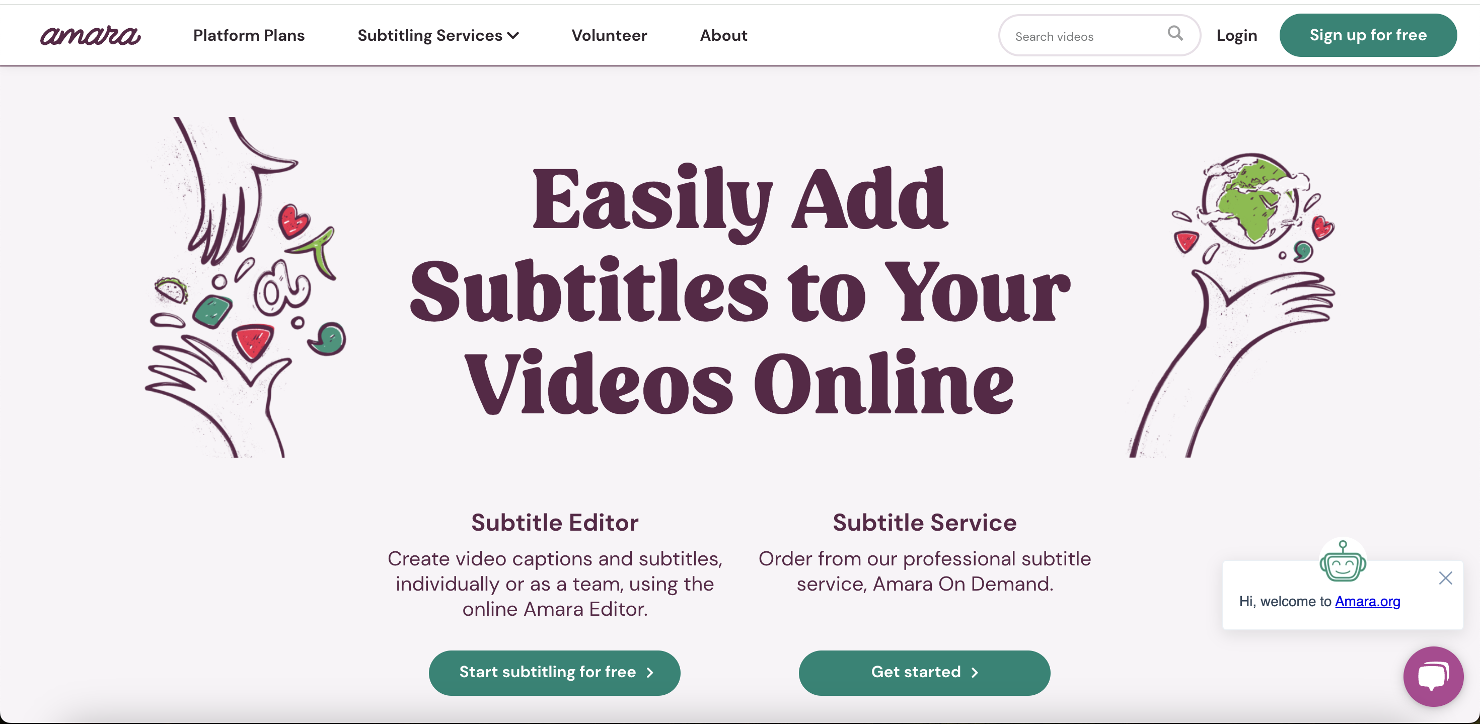 Screenshot showing the home page of Amara
