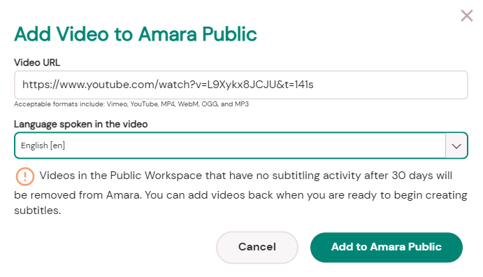Screenshot showing how to upload a link and setting the spoken language in Amara