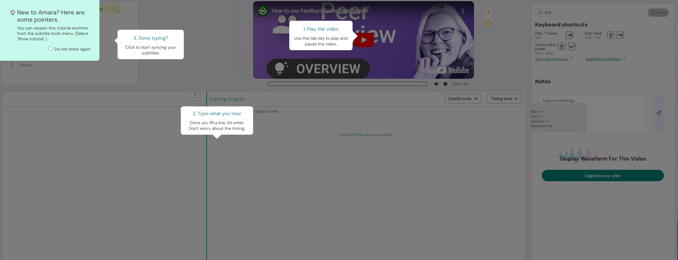 Screenshot showing the subtitling editor in Amara