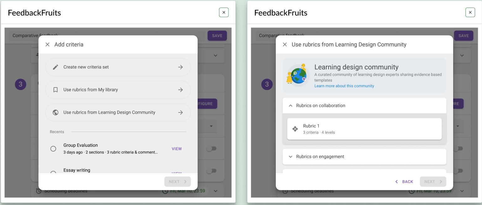 Preview dialogue for rubrics in learning design community