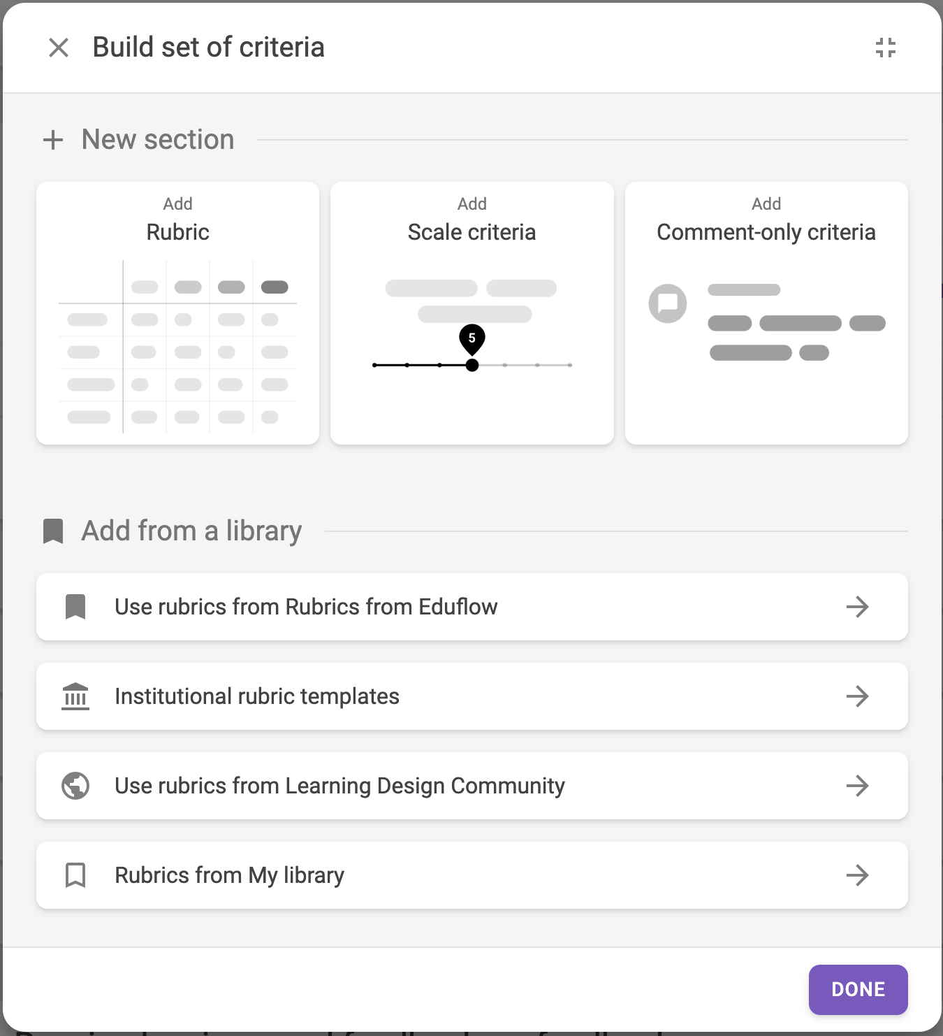 Screenshot of the criteria selection screen