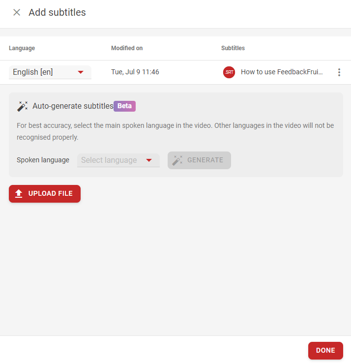 Screenshot showing the add subtitles menu in FeedbackFruits in an interactive video assignment