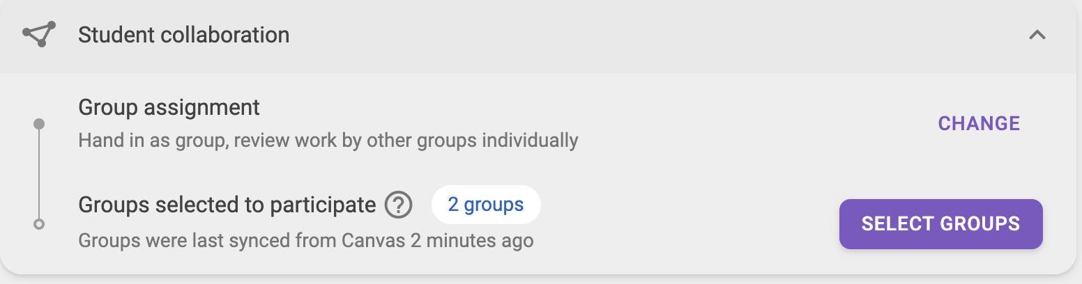 Image showing the student collaboration section - there are two fields, group assignment and groups selected to participate. There's a button to change the group assignments and to select groups to participate in the assignment. 