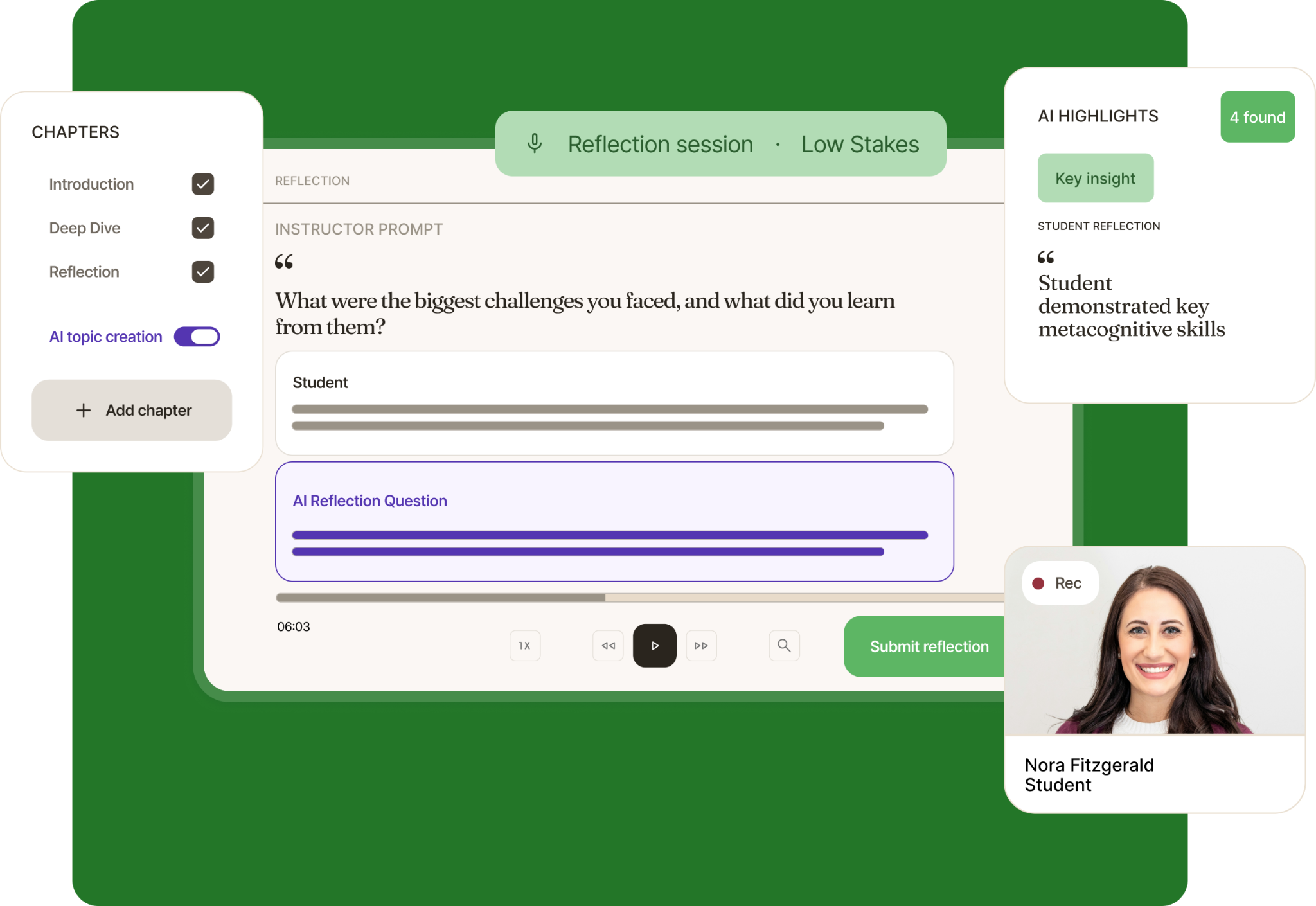 Oral Reflection session in FeedbackFruits with AI highlights